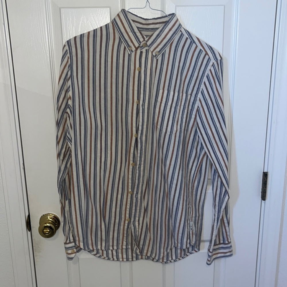 Ben Sherman Men’s 80s Vintage Style Long Sleeve Striped Shirt Red White Blue Med